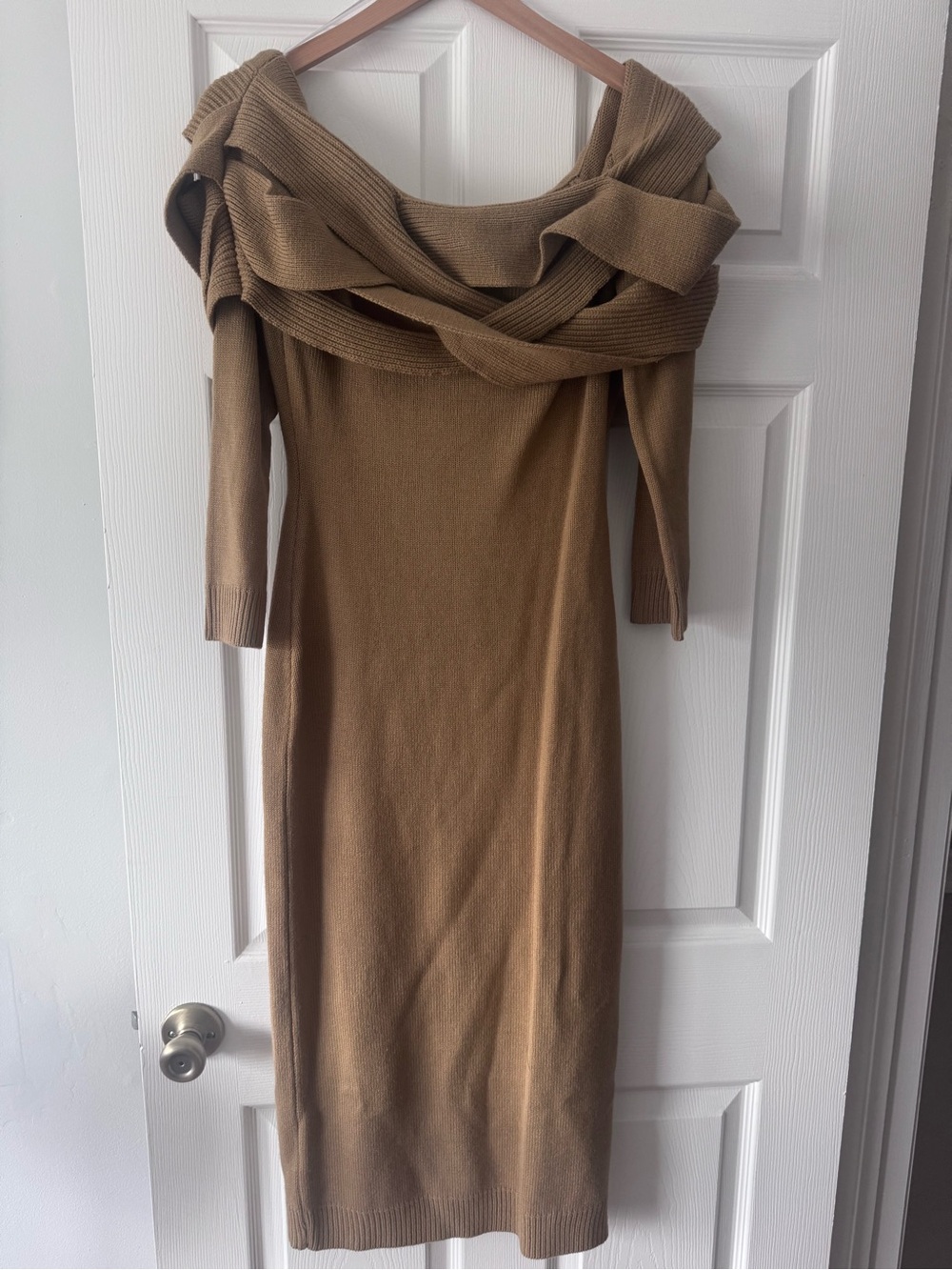 Fashion Nova Camel Off-Shoulder Ribbed Midi Dress